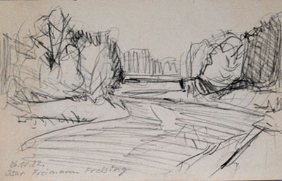 Konrad Sommer:  Isar, Freimann, Freising, 26.10.1982, Kohle, Bleistift auf Papier, 13,5 x 21,0 cm, bez. u.l.: 26.10.82. Isar Freimann Freising